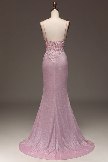 Glitter Blush Mermaid Spaghetti Straps Long Ball Dress with Beading